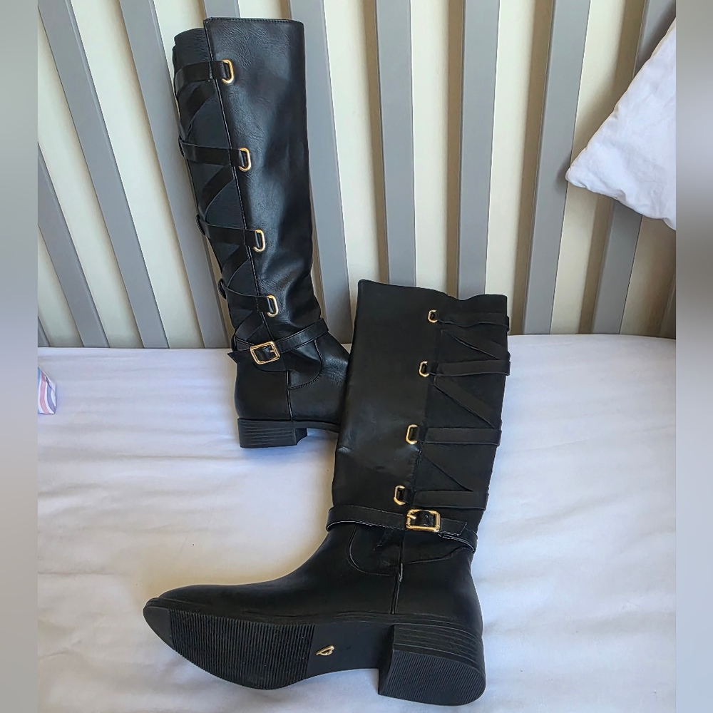 Thalia Sodi Black Knee-High Veronika Boots with Gold Buckles Womens Size 8